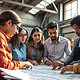 Workers in a manufacturing plant engaging in a teamwork exercise to improve communication skills.