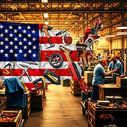 A shopping cart filled with American-made products, showcasing the importance of buying U.S. goods to support jobs, the economy, and the environment.